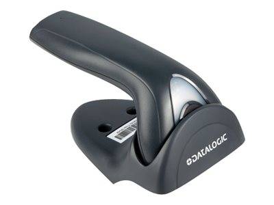 Schwarzer tragbarer Datalogic-Barcode-Scanner in einer Ladeschale auf weißem Hintergrund.