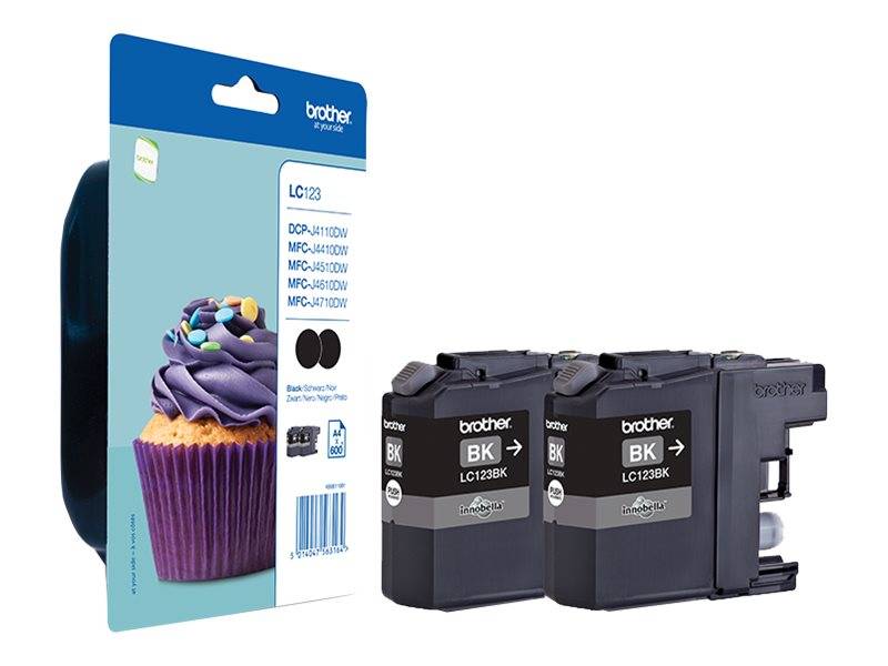 Brother LC123 Tintenpatronen, schwarz, abgebildet vor der Produktverpackung für kompatible Druckermodelle.