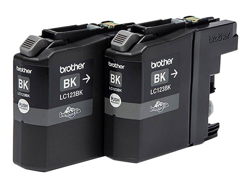 Zwei schwarze Brother-Tintenpatronen BK LC123BK nebeneinander auf weißem Hintergrund dargestellt.