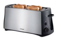 Ein Toaster aus Edelstahl mit zwei Schlitzen, der zwei Scheiben Brot gleichzeitig toastet. Der Toaster verfügt über einen schwarzen Drehknopf und Hebel an der Seite.