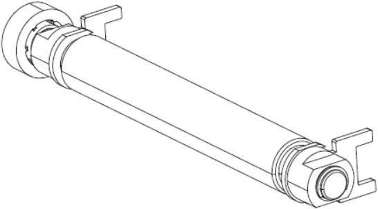 Isometrische technische Zeichnung einer langen zylindrischen mechanischen Welle oder eines Rohrs mit Endbeschlägen und Befestigungskonsolen an beiden Enden.