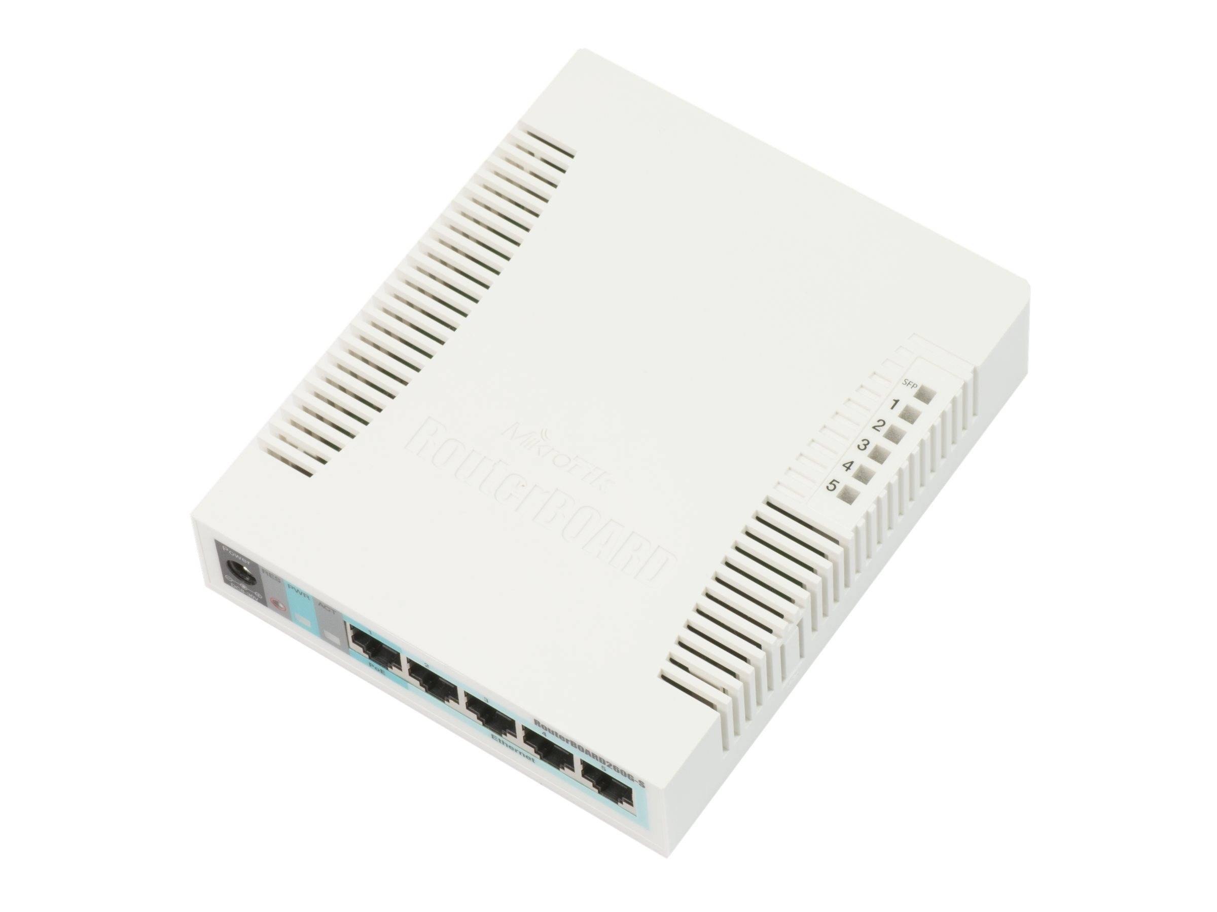 Weißer Netzwerkrouter oder Modem mit mehreren Ethernet-Anschlüssen und Statusleuchten, auf einem einfachen Hintergrund gezeigt.