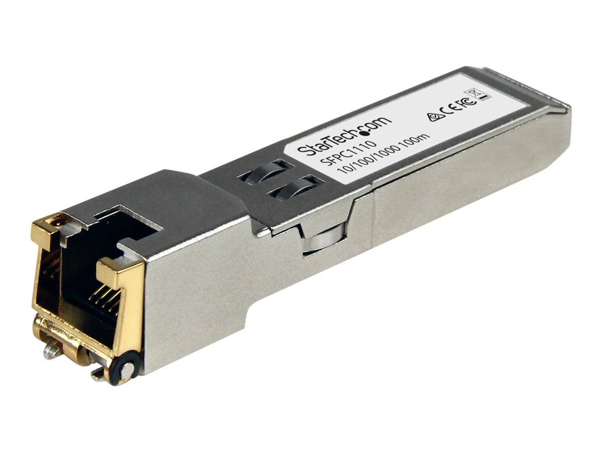 Silver StarTech.com SFP-Transceiver-Modul mit RJ45-Anschluss, beschriftet für 10/100/1000 Mbps Ethernet.