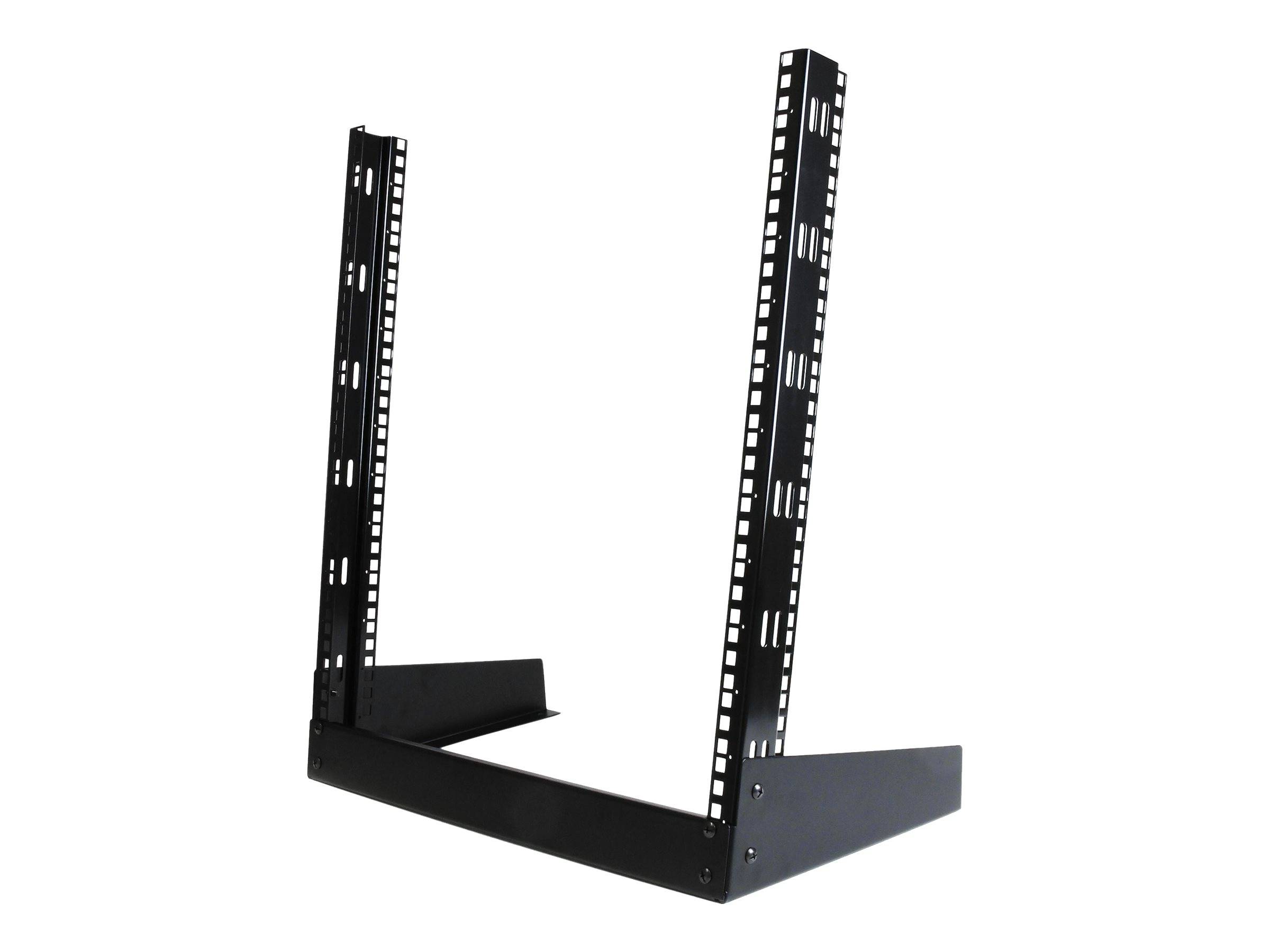 Schwarze Metall-Adapterbracket für Rackmontagemit zwei perforierten vertikalen Schienen und Basistütze auf weißem Hintergrund.