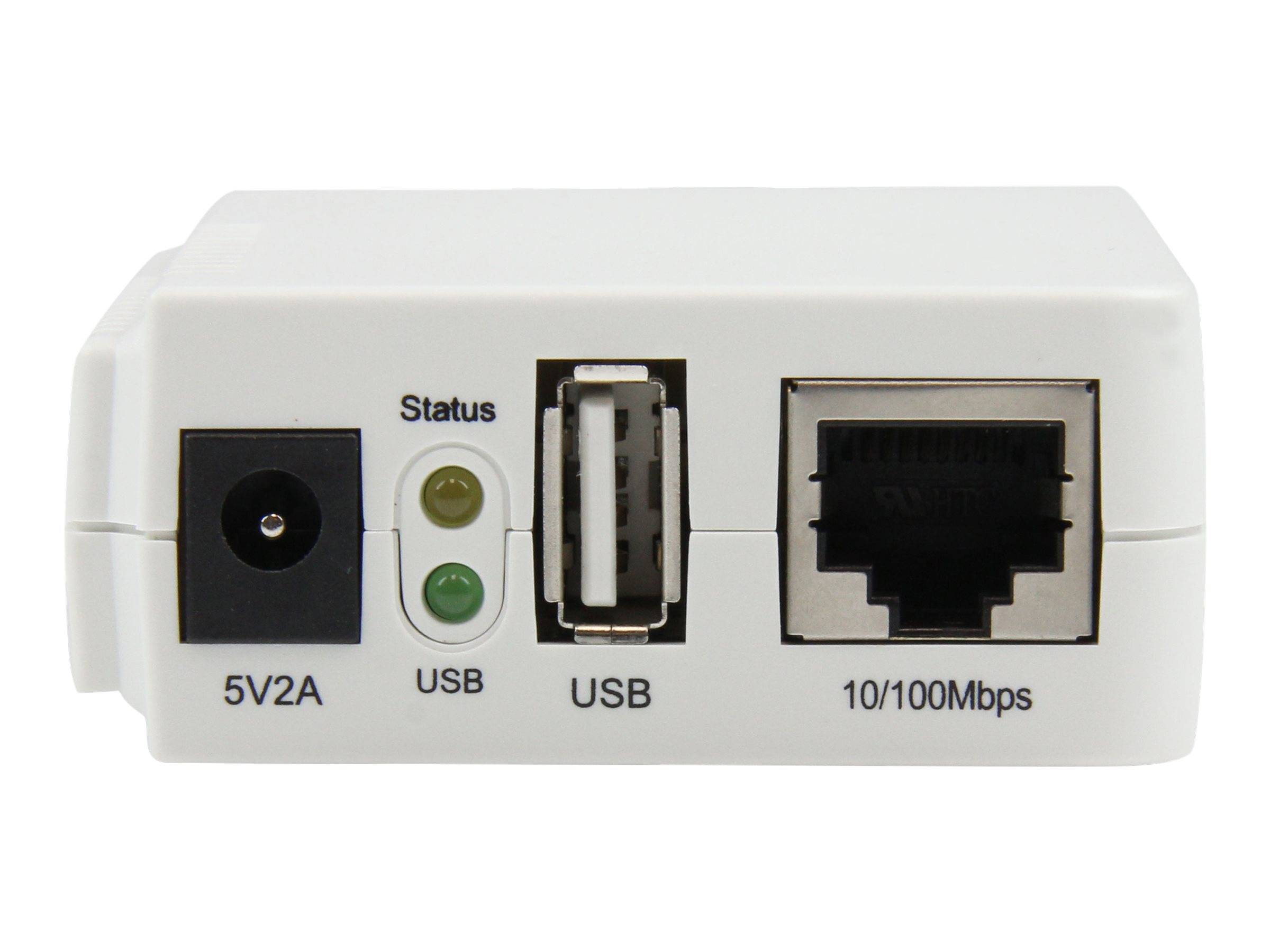 Frontansicht eines weißen Adapters mit 5V2A-Stromstecker, Status-USB-Leuchten, USB-Anschluss und 10/100Mbps-Ethernet-Anschluss.