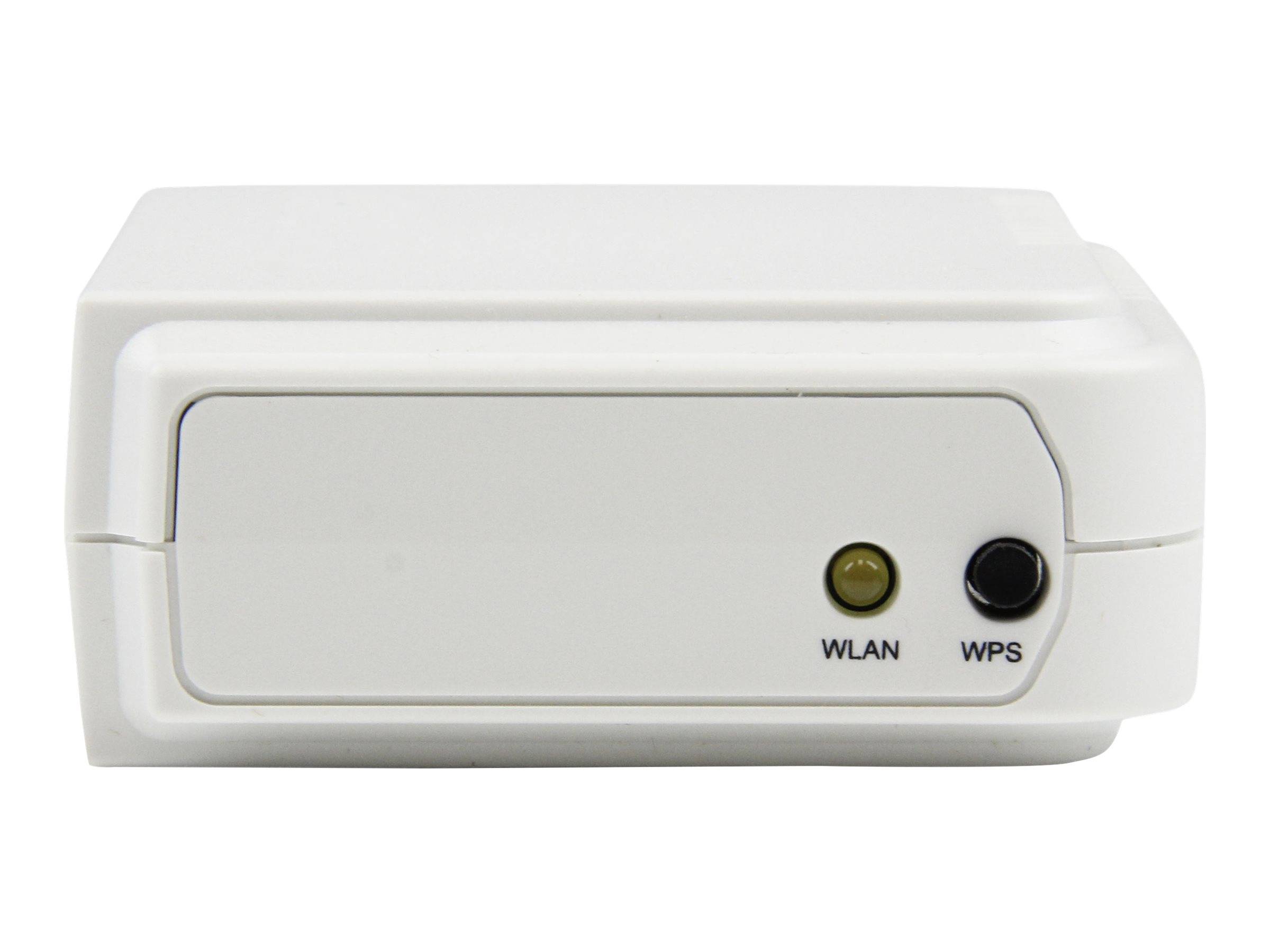 Weißer kabelloses Router oder Netzwerkgerät mit Bedienfeldern auf der Vorderseite, die mit WLAN und WPS gekennzeichnet sind.
