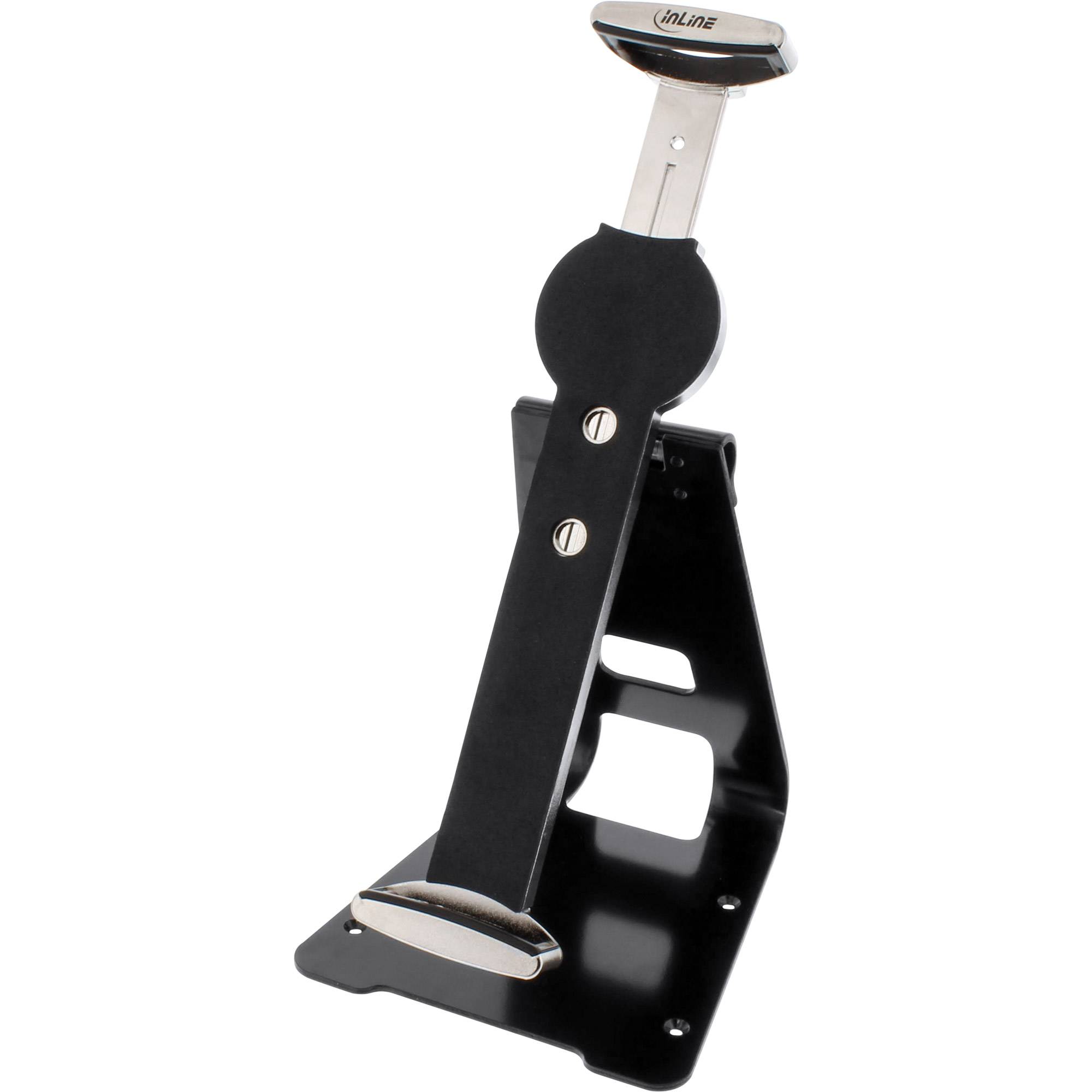 Schwarzes Metall-Fußpedal oder Hebelmechanismus mit silberner Oberseite und Basis, auf einem Ständer vor weißem Hintergrund montiert.