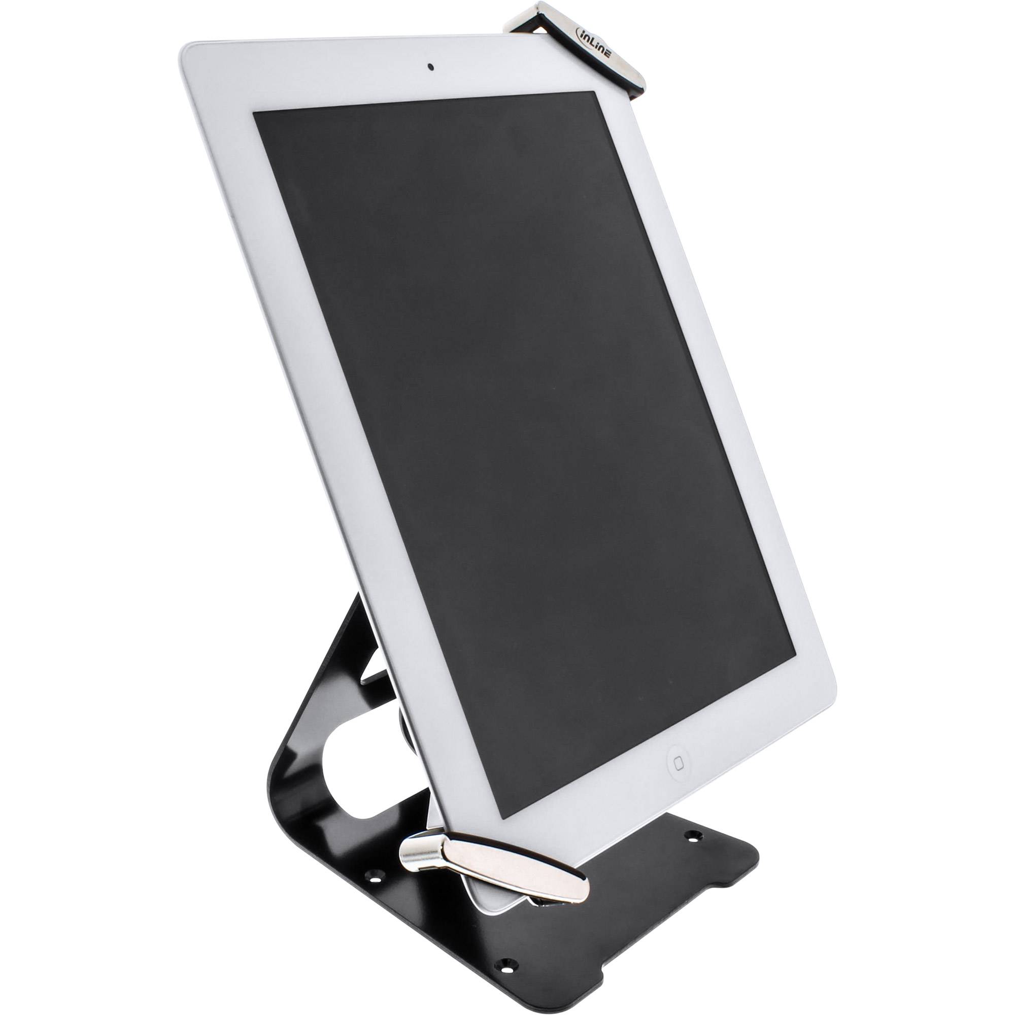 Ein auf einem schwarzen verstellbaren Ständer montiertes Tablet, das in einem Winkel auf weißem Hintergrund angezeigt wird.