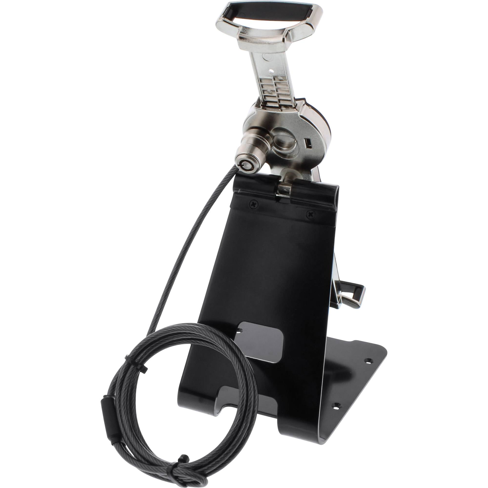 Ein schwarzes und silbernes mechanisches Gerät mit einem Griff und einem aufgerollten Kabel, auf einer Basis gegen einen weißen Hintergrund montiert.