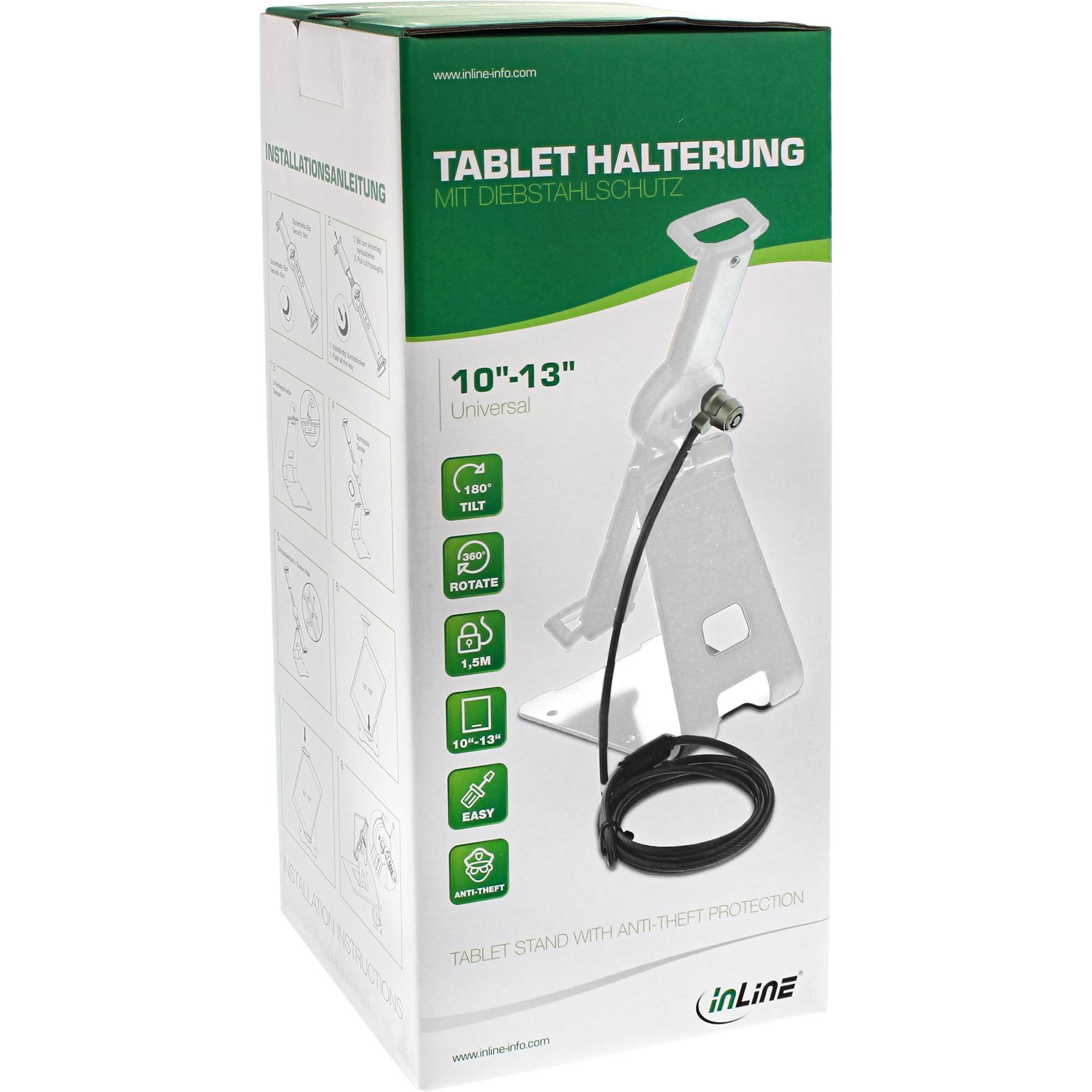 Schachteln für 'Tablet Halterung' universelle Tablet-Ständer mit Diebstahlsicherungskabel, für 10-13 Zoll Tablets, abgebildet mit Produktbild und Funktionssymbolen.