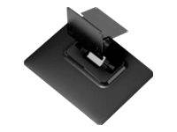 Schwarze verstellbare Monitorständer oder Display-Montagebasis auf weißem Hintergrund, in einer angewinkelten Produktansicht gezeigt.
