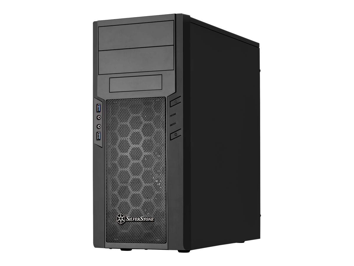 Ein schwarzer Desktop-Computer-Turm mit einer Frontblende aus Gitter, zwei USB-Anschlüssen und der Markenaufschrift 'SilverStone' am unteren Rand.