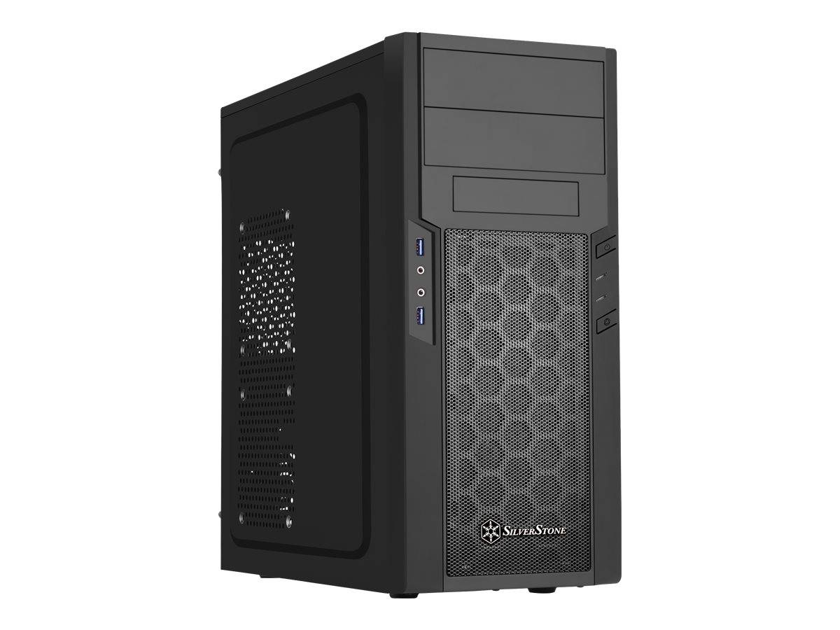 Schwarzes Computer-Gehäuse mit vorderer Netzgitterblende, Laufwerkschächten und vorderen USB- und Audioanschlüssen.