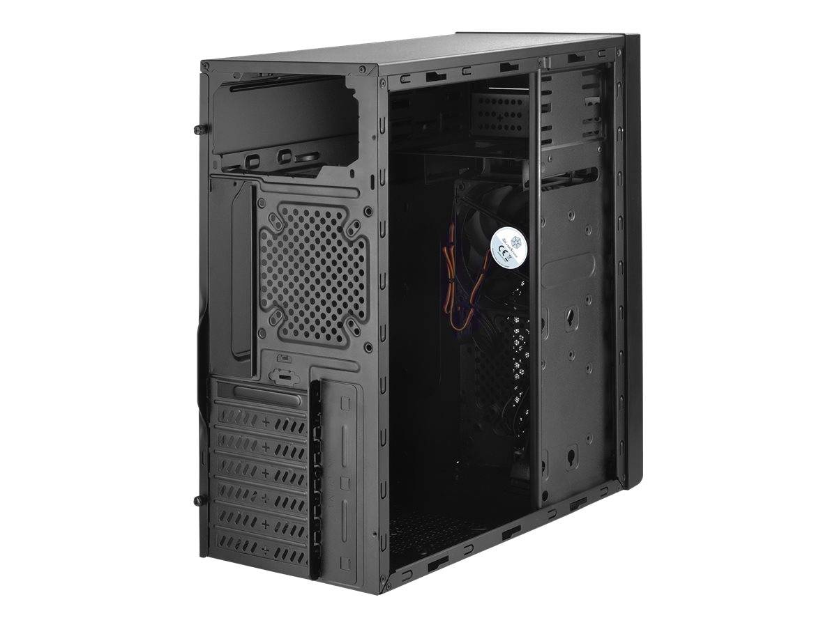 Leeres schwarzes Desktop-Computer-Gehäuse von hinten/Seite gezeigt, mit offener Innenseite und sichtbarer Lüftermontage und Erweiterungssteckplätzen.