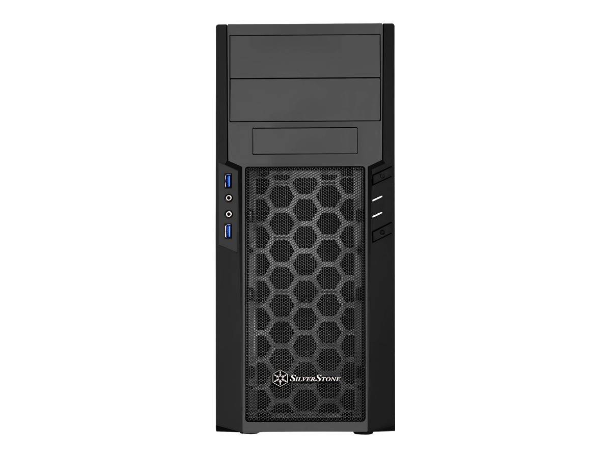 Frontansicht eines schwarzen SilverStone-Desktopcomputer-Gehäuses mit Wabengitter-Frontplatte und vorderen USB-/Audioanschlüssen.