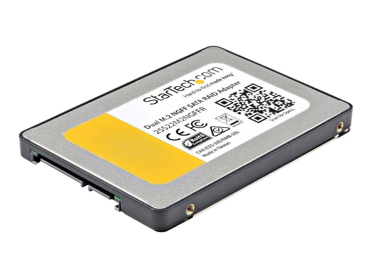 Ein 2,5-Zoll StarTech.com Dual-M.2-SATA-SSD-Adapter-Gehäuse, das in einem grauen Metallgehäuse mit Produktetikett und QR-Code gezeigt wird.