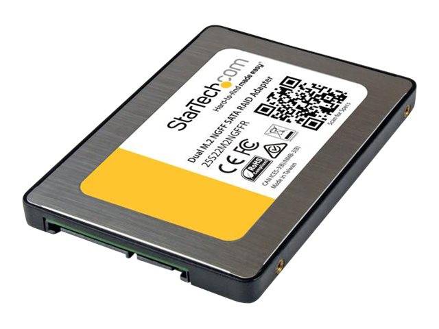 StarTech.com interner 2,5-Zoll-SATA-SSD-Adapter, gezeigt in einem schwarz-gelben Gehäuse mit Produktetikett und QR-Code.