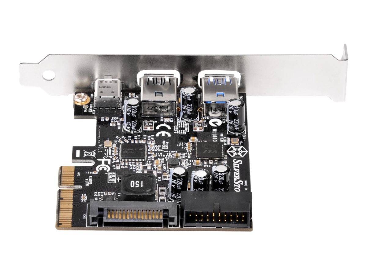 Eine flache PCIe-Erweiterungskarte mit Metallhalterung, zwei USB-Anschlüssen und internen Steckverbindern zum Hinzufügen von USB-Anschlüssen zu einem Computer.