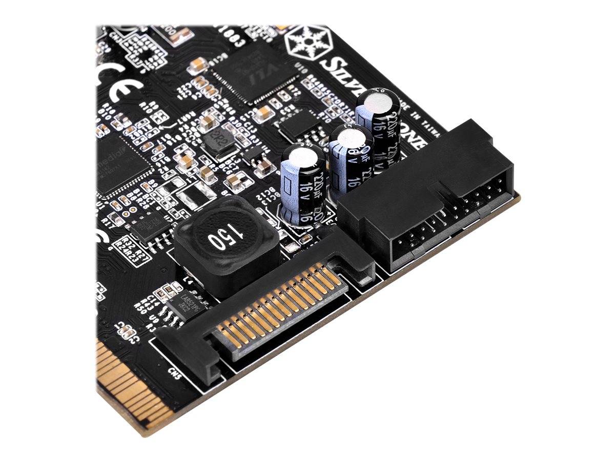 Nahaufnahme einer PCIe-Erweiterungskartecke mit goldenem Kantenverbinder, Kondensatoren, einer Spule und einem schwarzen internen Stecker auf einer Leiterplatte.
