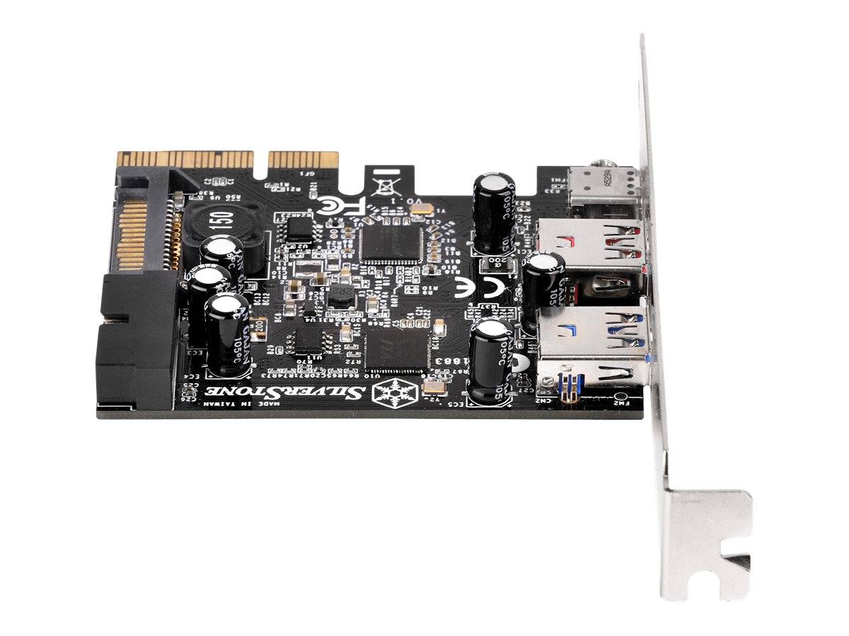PCIe-Erweiterungskarte mit zwei USB-A-Anschlüssen und einem USB-C-Anschluss auf einer schwarzen Leiterplatte mit einer Metallhalterung.