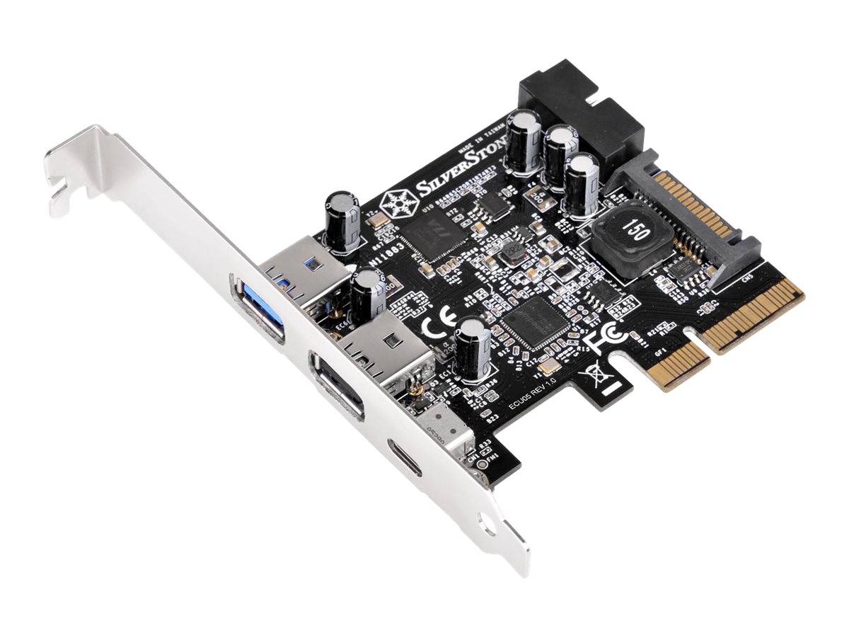 Interne PCIe-Erweiterungskarte mit USB 3.0- und USB-C-Anschlüssen, gezeigt vor weißem Hintergrund.