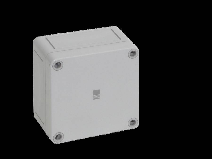 Eine graue, geschlossene elektrische Verteilerdose mit abgerundeten Ecken und vier Befestigungspunkten, die zur sicheren Unterbringung elektrischer Verbindungen dient.