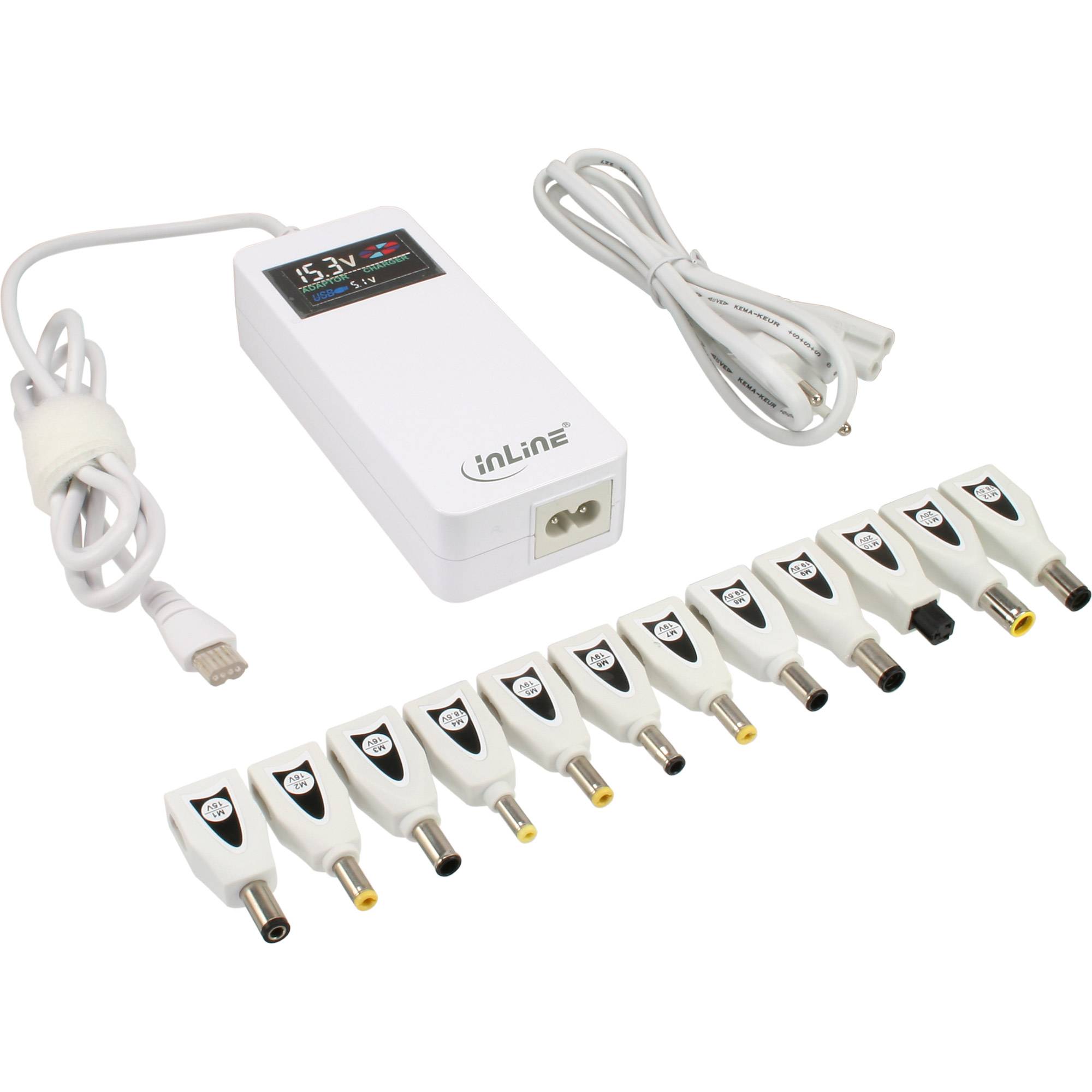 INLINE - Univ. NT f. NBs m. Farbdisp. - 90W - USB - 100-240V - weiß m. 12 Wechselst.
