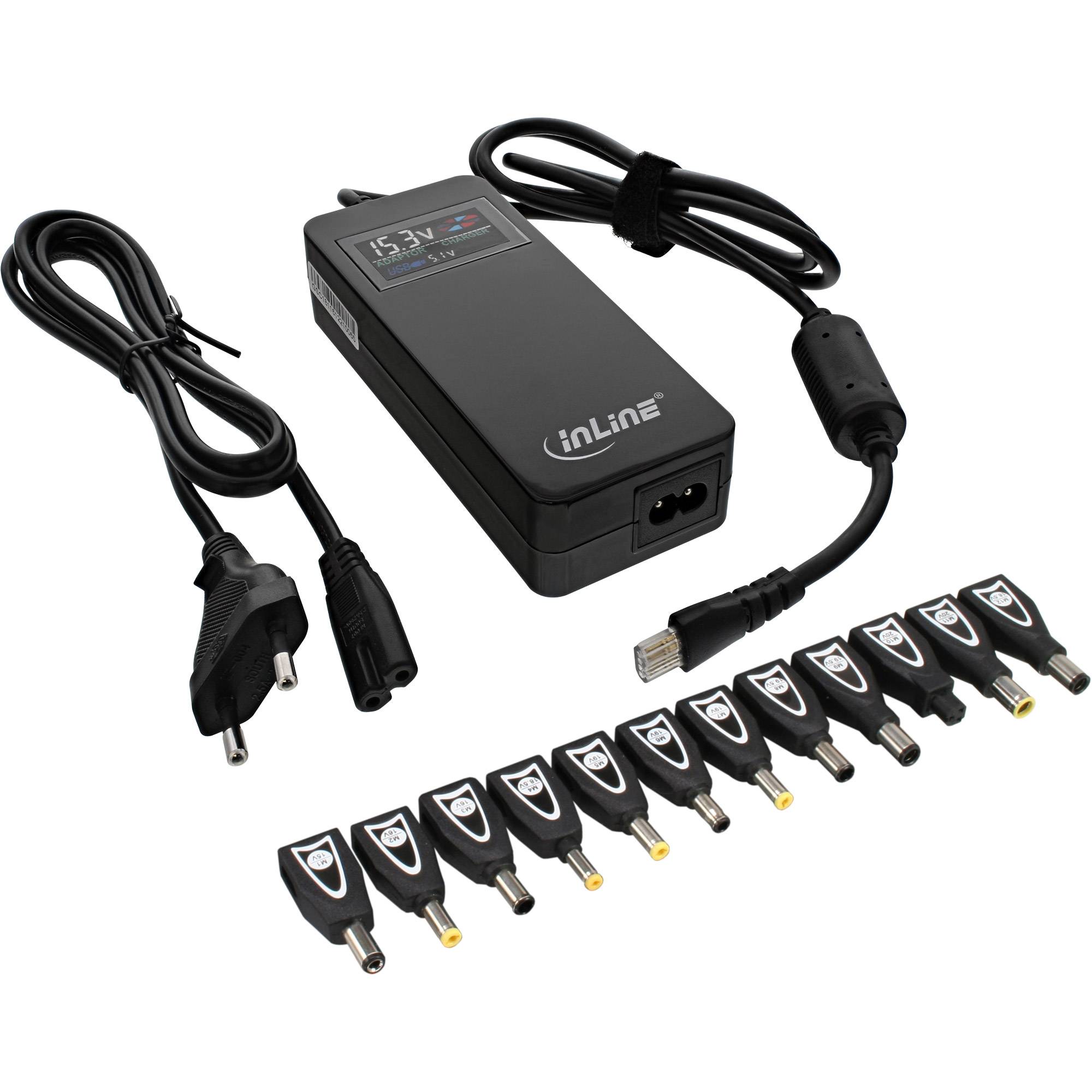 INLINE - Univ. NT f. NBs m. Farbdisp. - 90W - USB - 100-240V - schw. m. 12 Wechselst.