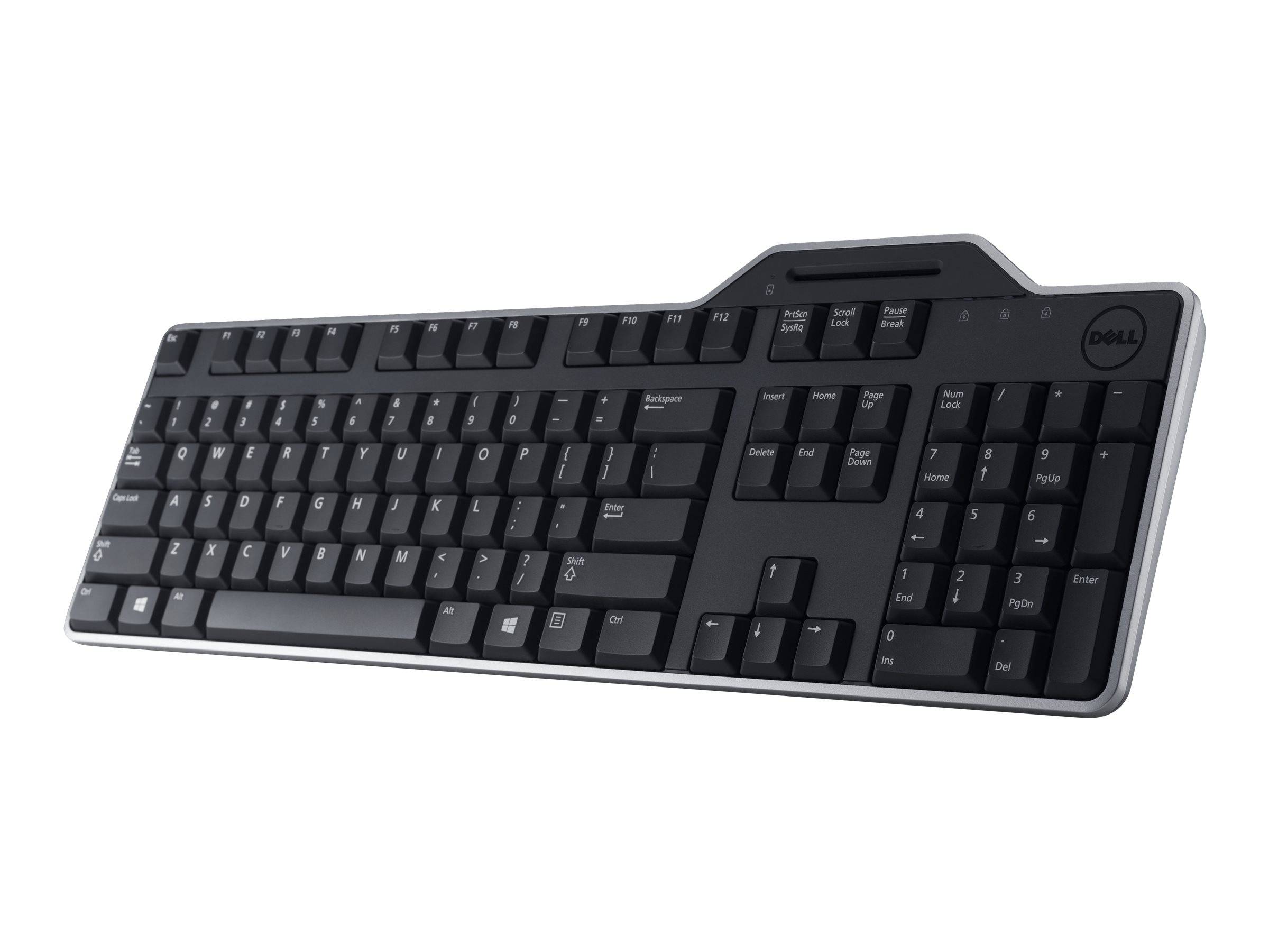 Schwarze Dell kabelgebundene Computertastatur in schräger Ansicht auf weißem Hintergrund.