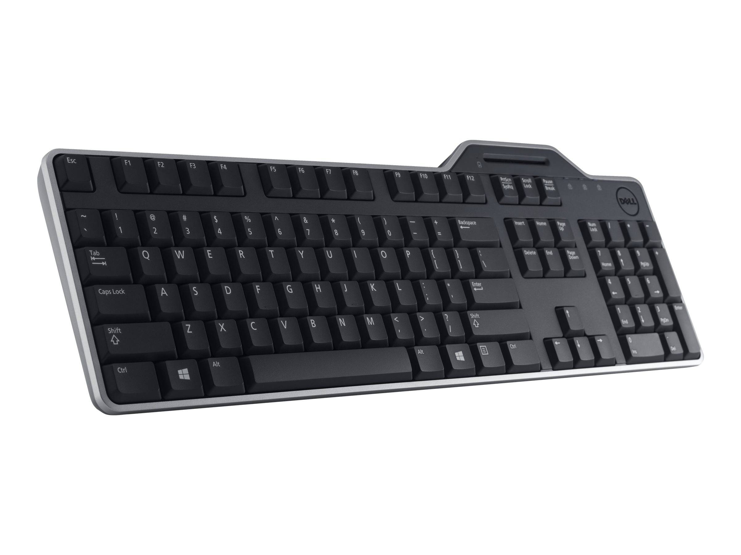 Schwarze Dell kabelgebundene Tastatur mit Ziffernblock, in einem Winkel auf weißem Hintergrund dargestellt.