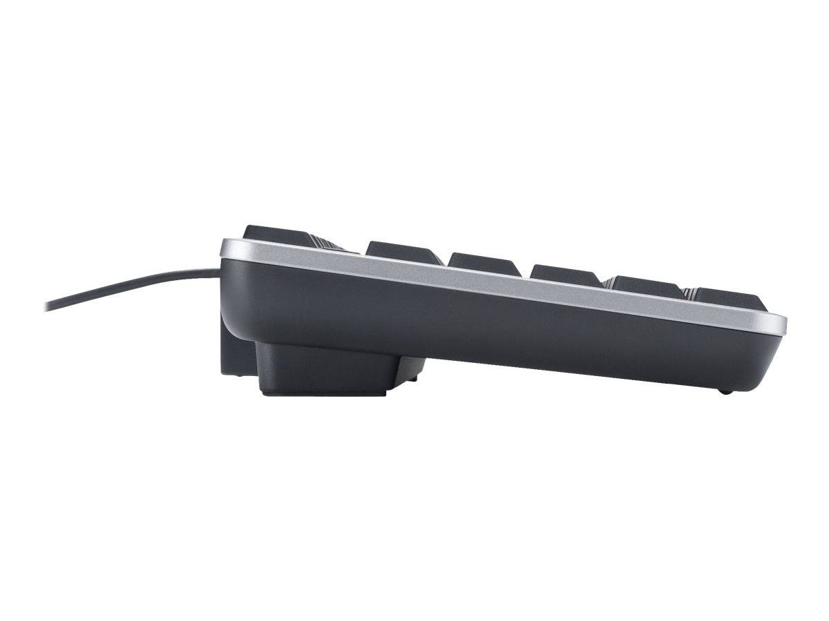 Seitenansicht einer schwarzen Tastatur mit Kabel und sichtbarem Kabel auf einfachem weißem Hintergrund.
