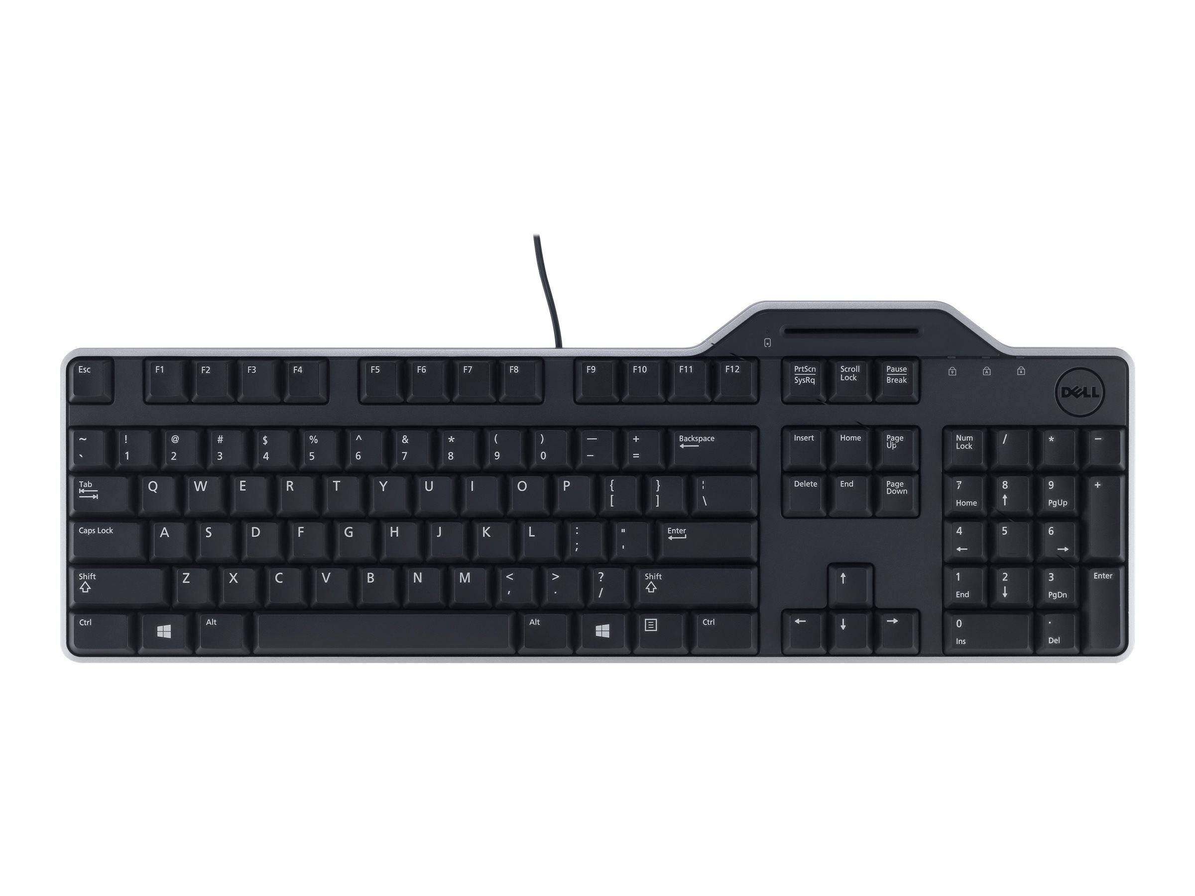 Schwarze Dell verdrahtete Vollsize-Tastatur auf weißem Hintergrund, mit Nummernblock und Multimedia-Tasten.