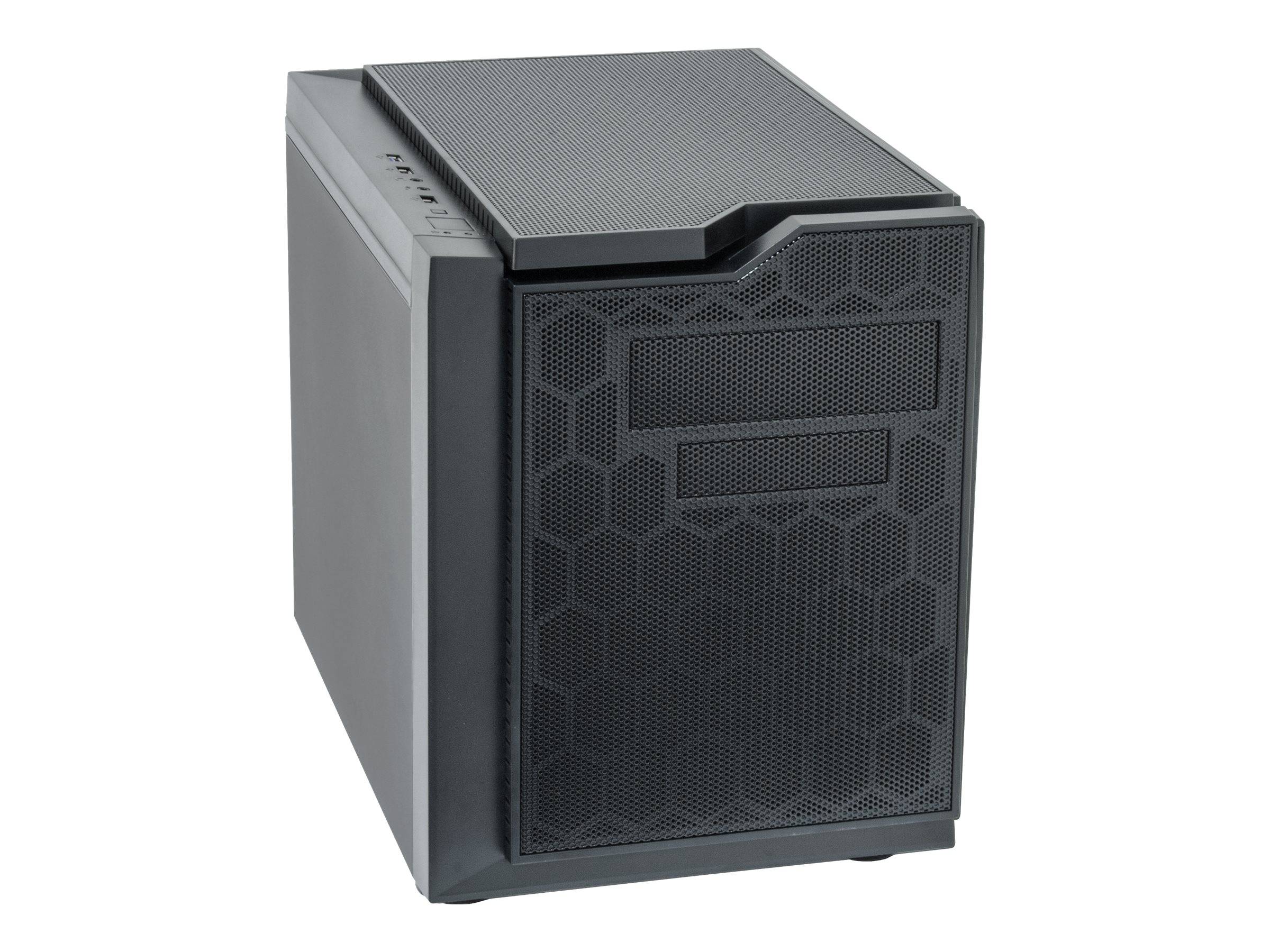 Schwarzes Desktop-Computer-Gehäuse mit strukturiertem Frontgitter und eckigem Oberlüftungsschlitz auf weißem Hintergrund