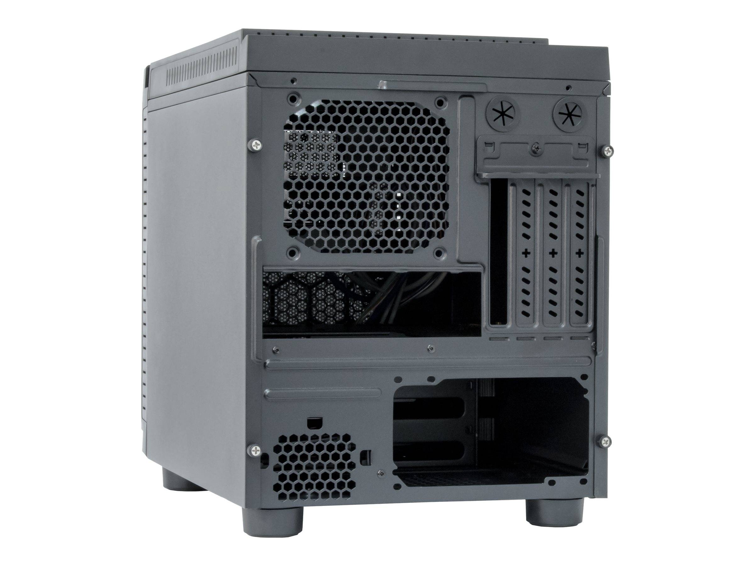 Rückansicht eines grauen Desktop-Computer-Gehäuses mit Belüftungsgittern, Erweiterungssteckplätzen und leeren Laufwerkschächten.
