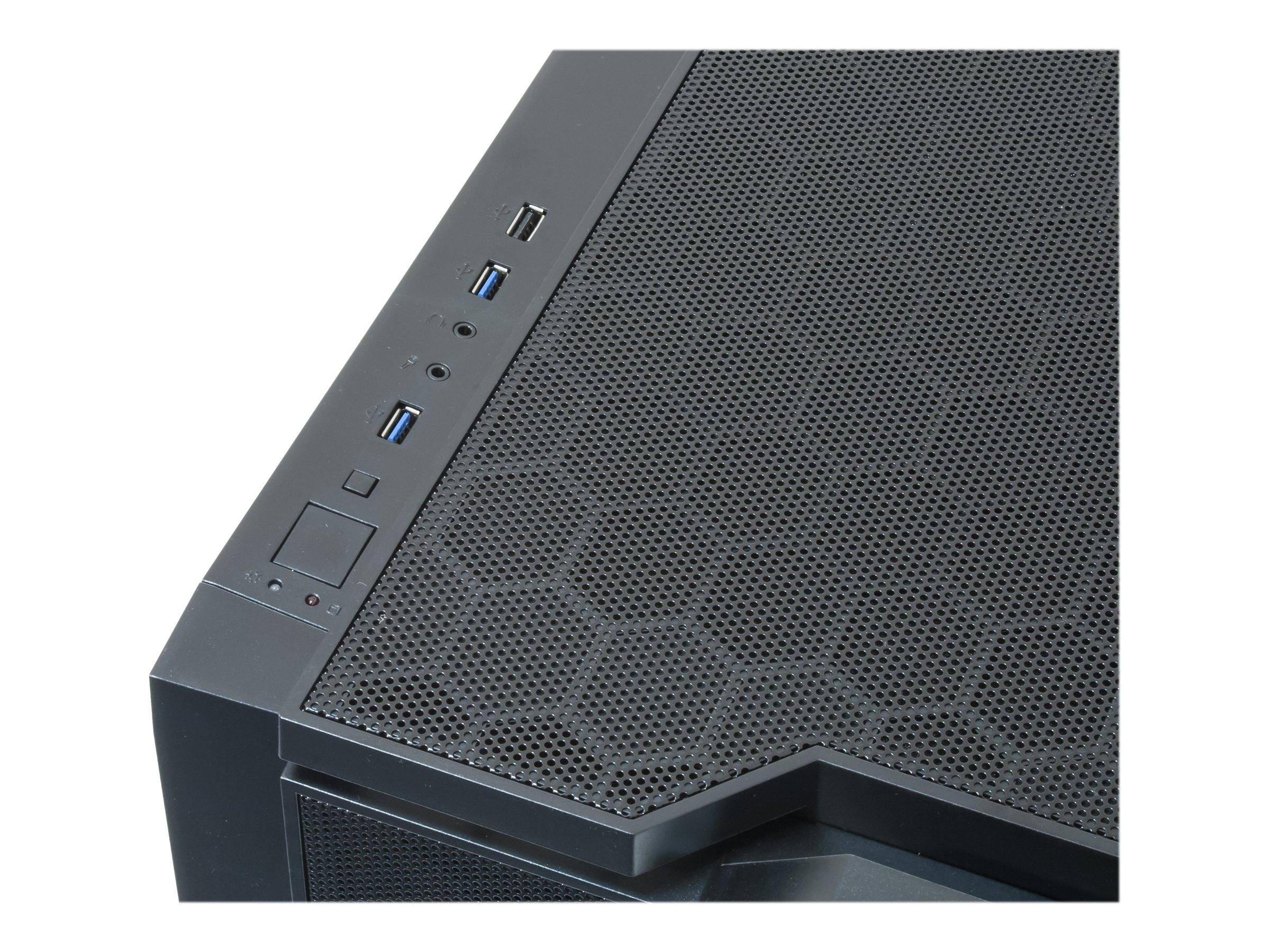 Nahaufnahme eines schwarzen Desktop-PC-Gehäuses mit hexagonaler Mesh-Oberseite und vorderen Ein-/Ausgabeanschlüssen, darunter USB- und Audio-Buchsen.
