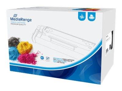 MediaRange Premium-Druckertonerkassetten-Box mit blau-weißer Verpackung und farblicher Tonerpulver-Grafik