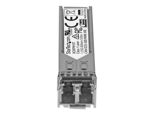 Ein StarTech.com SFP-Glasfaser-Transceiver-Modul mit metallischem Gehäuse und sichtbarem Steckerende auf weißem Hintergrund.