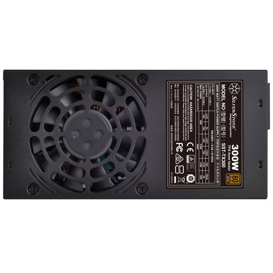 Stromversorgungseinheit für Computer mit großem Kühlungslüfter und Etikett mit SilverStone 300W-Modell SST-TX300 in schwarzem Gehäuse.