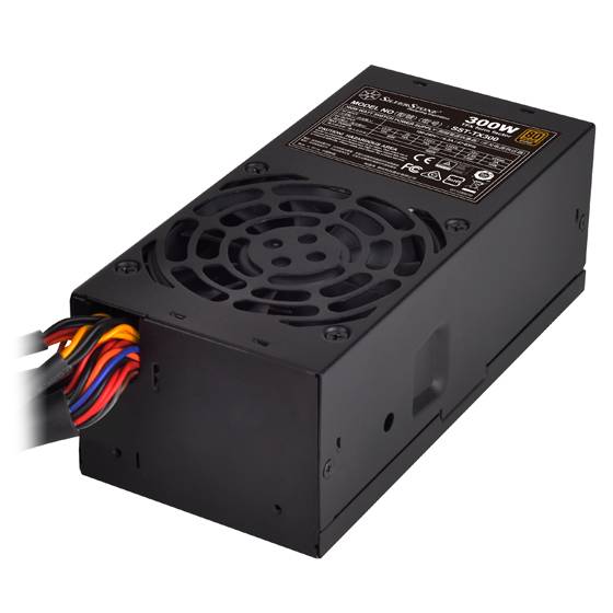 Schwarzes 300W Computernetzteil mit Kühlerlüftergitter und mitgelieferten mehrfarbigen Kabeln.