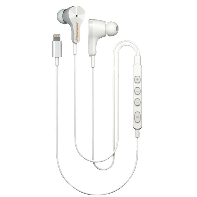 Weiße kabelgebundene In-Ear-Kopfhörer mit Lightning-Anschluss und Inline-Tasten für Lautstärke, Plus, Minus und Ein-/Ausschalten.