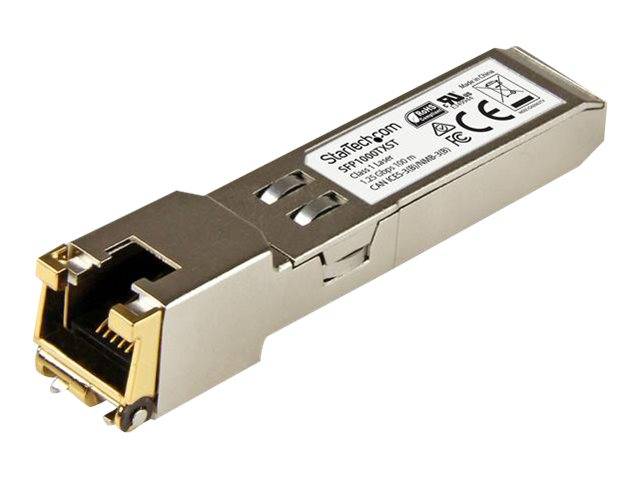 Metall-Ethernet-SFP-Transceiver-Modul mit RJ45-Anschluss, isoliert auf weißem Hintergrund dargestellt.