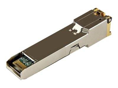 Metall-SFP-Transceiver-Modul im Faseroptik-Stil, ein kleines rechteckiges Netzwerk-Hardwaregerät mit sichtbarem Steckverbinder-Ende.