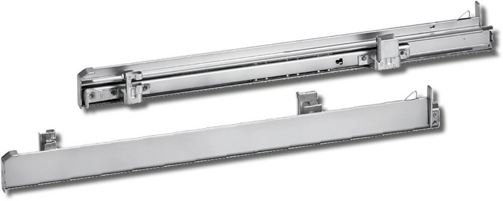 Metallschubladenführungen in zurückgezogener Position, mit glatter Oberfläche und robuster Konstruktion, geeignet für Schränke und Möbel.