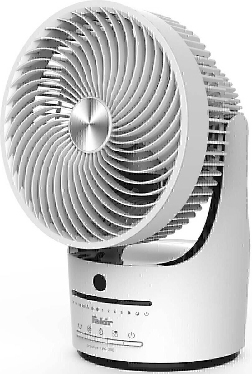 Ein weißer oszillierender Schreibtischventilator mit Spiralgitterdesign, der auf einem Sockel mit Bedienfeld steht und wahrscheinlich zum Kühlen eines Raumes verwendet wird.