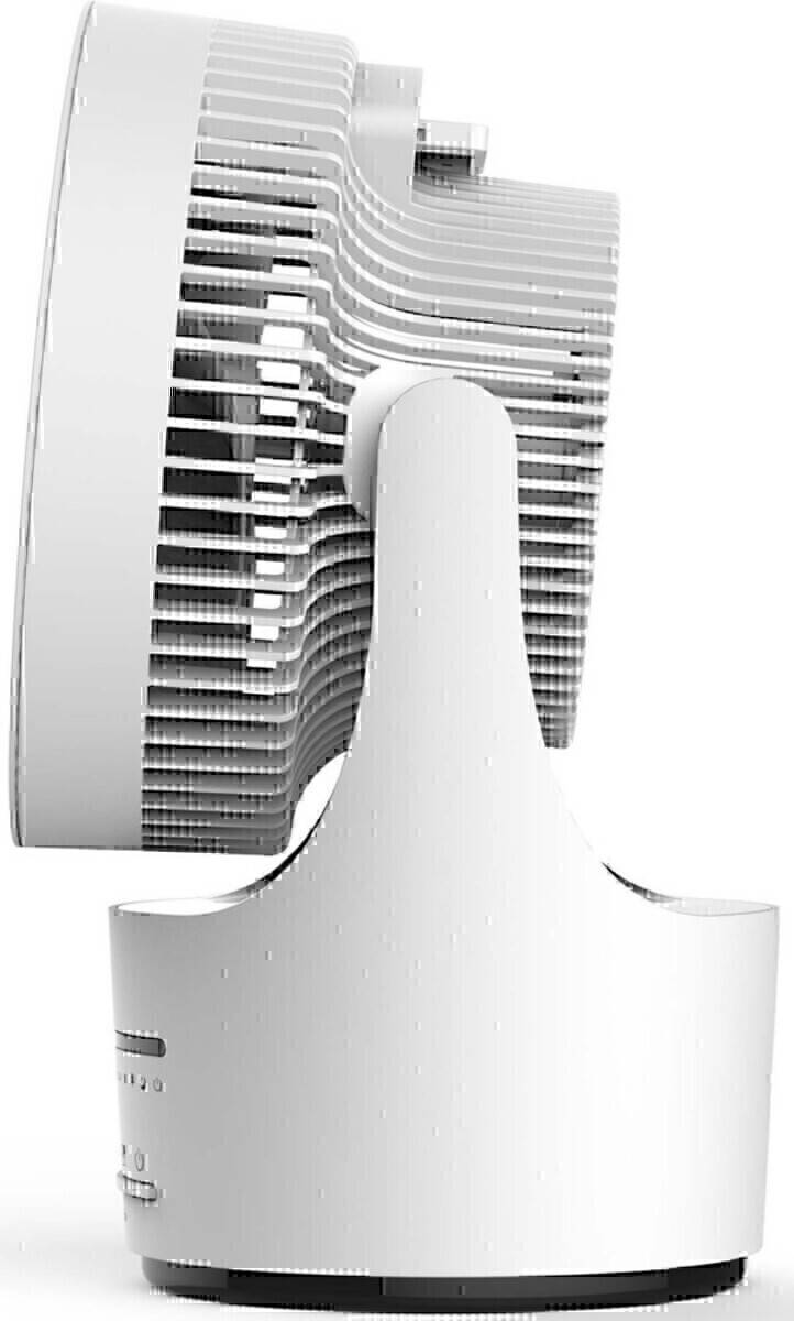 Ein moderner, weißer Standventilator mit geschwungener Gestaltung, ausgestattet mit einer kreisförmigen Abdeckung mit horizontalen Lamellen für optimale Luftzirkulation.