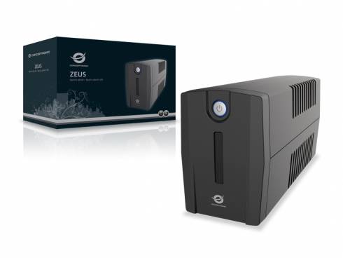 Schwarze ZEUS UPS-Batterienotstromversorgungseinheit neben ihrer Produktbox auf weißem Hintergrund.