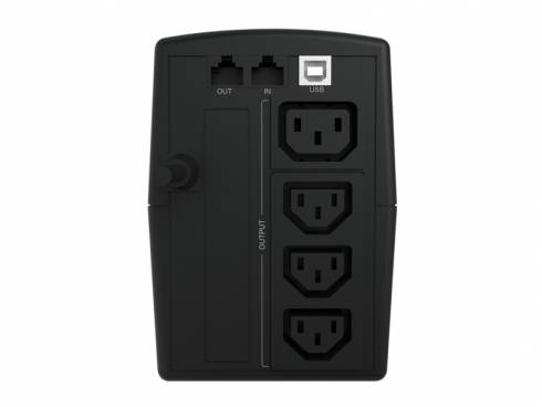 Schwarze unterbrechungsfreie Stromversorgung mit vier AC-Steckdosen, USB-Anschluss und gekennzeichneten Ein-/Ausgangsbuchsen auf der Frontplatte.