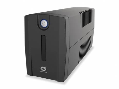 Schwarze USV-Batterie-Notstromversorgung mit Stromschalter und vorderer Statusanzeige auf weißem Hintergrund.