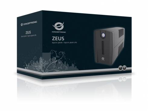 Produktverpackung für Conceptronic 'ZEUS' 850VA line-interaktive USV, dargestellt mit dem USV-Gerät auf einem dunkelblauem Paket.
