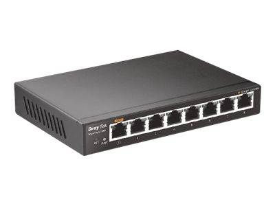 Schwarzer 8-Port-Ethernet-Netzwerkschalter mit Status-Leuchten auf der Frontplatte und Belüftungsschlitzen auf weißem Hintergrund